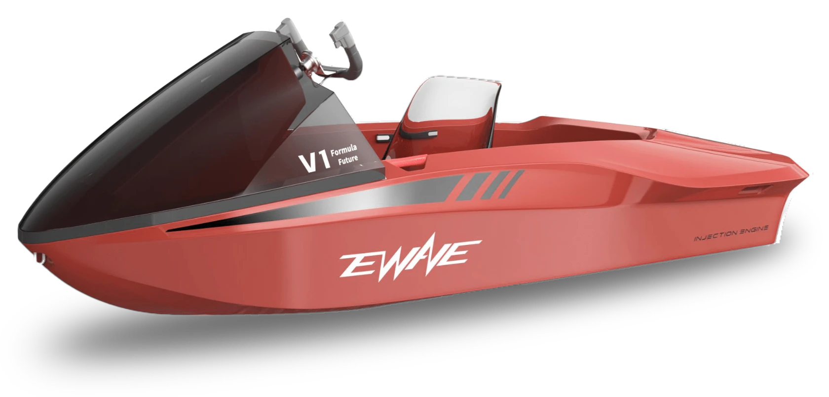 EWAVE V1 jetboat in red, three-quarter view